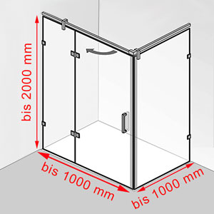 Breite / Tiefe / Höhe: bis 1000 mm / bis 1000 mm / bis 2000 mm