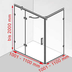 Breite / Tiefe / Höhe: 1001 - 1100 mm / 1001 - 1100 mm / bis 2000 mm