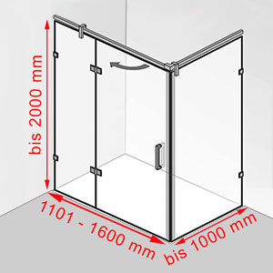 Breite / Tiefe / Höhe: 1101 - 1600 mm / bis 1000 mm / bis 2000 mm