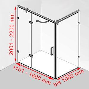Breite / Tiefe / Höhe: 1101 - 1600 mm / bis 1000 mm / 2001 - 2200 mm