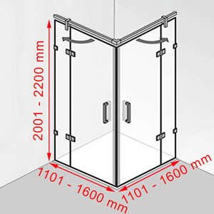 Breite / Tiefe / Höhe: 1101 - 1600 mm / 1101 - 1600 mm / 2001 - 2200 mm
