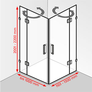 Breite / Tiefe / Höhe: bis 1000 mm / 1101 - 1300 mm / 2001 - 2200 mm