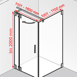 Breite / Tiefe / Höhe: 1101 - 1600 mm / 1001 - 1100 mm / bis 2000 mm