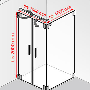 Breite / Tiefe / Höhe: bis 1000 mm / bis 1000 mm / bis 2000 mm