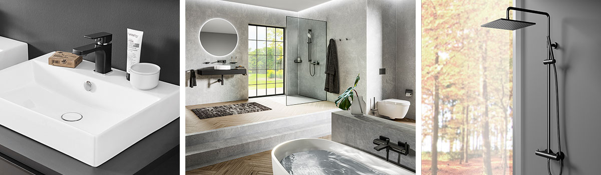 Badarmaturen für Waschtisch, Badewanne und Dusche in schwarz Badarmaturen für Waschtisch, Badewanne und Dusche in schwarz